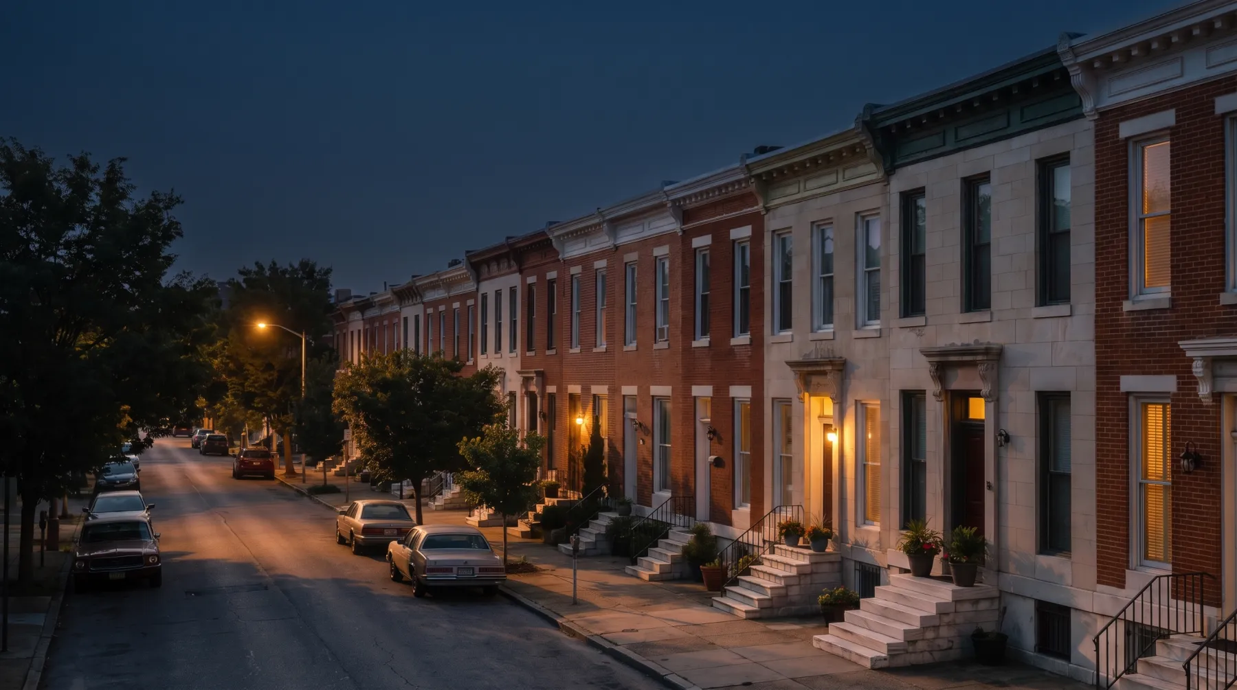 The same Baltimore block at night, windows glowing