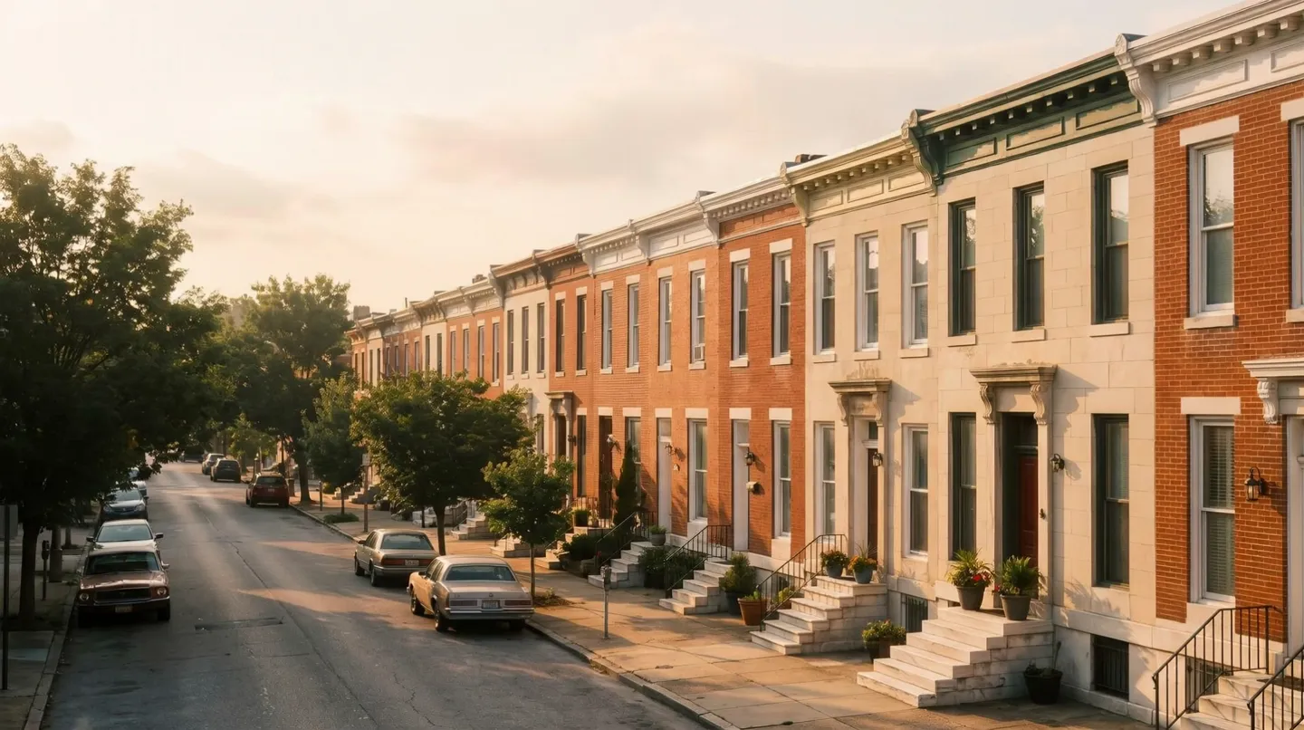 Baltimore rowhouse block with marble steps in golden morning light — Charm City Shield